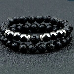 Unisex Two “Kratos “ Black Lava and Hematite Healing Stretch Bracelets
